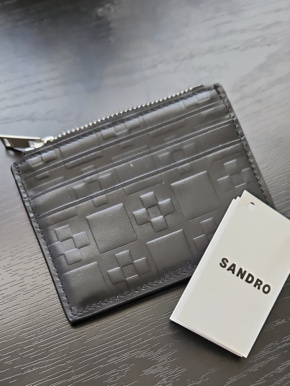 Sandro Black Embossed Leather Zip Card Holder